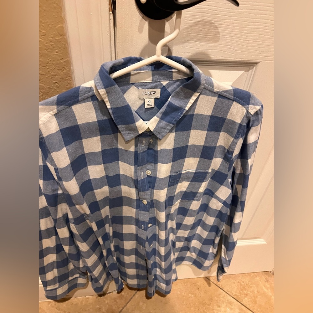J. Crew Women’s Blue and White Check Button-Up Shirt Flannel Material